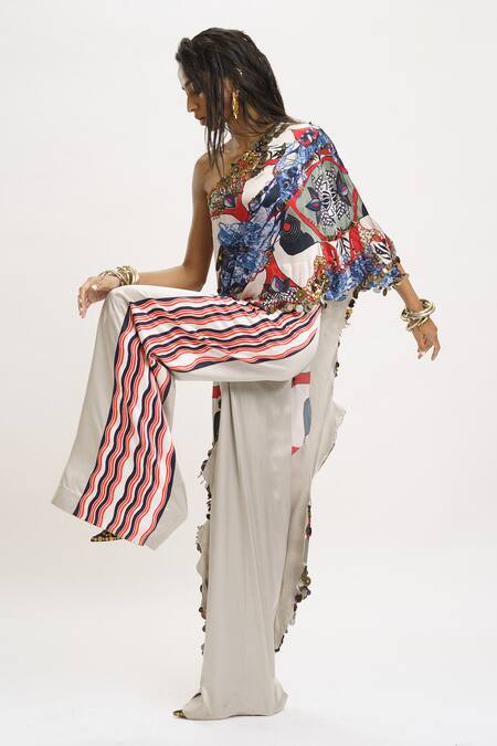 AK-OK_White Silk Sequins, Beads Asymmetric Printed One Shoulder Top And Trouser Set _at_Aza_Fashions