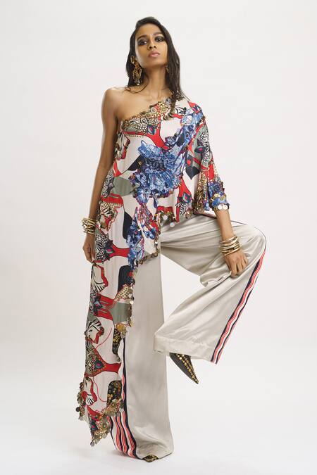 Buy_AK-OK_White Silk Sequins, Beads Asymmetric Printed One Shoulder Top And Trouser Set 