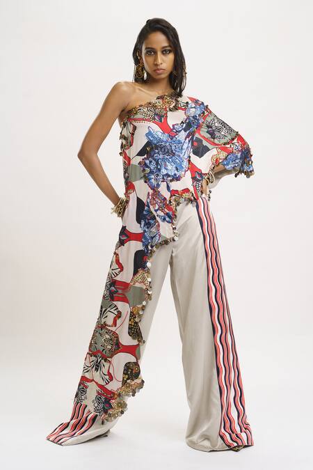 Shop_AK-OK_White Silk Sequins, Beads Asymmetric Printed One Shoulder Top And Trouser Set 
