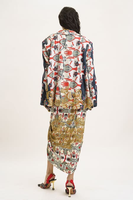 Shop_AK-OK_Multi Color Silk Metallic Thread, Studs Printed Blazer Knotted Skirt Set _at_Aza_Fashions
