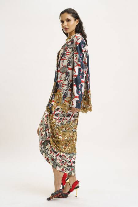 AK-OK_Multi Color Silk Metallic Thread, Studs Printed Blazer Knotted Skirt Set _Online_at_Aza_Fashions