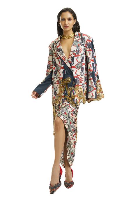 Shop_AK-OK_Multi Color Silk Metallic Thread, Studs Printed Blazer Knotted Skirt Set _Online_at_Aza_Fashions