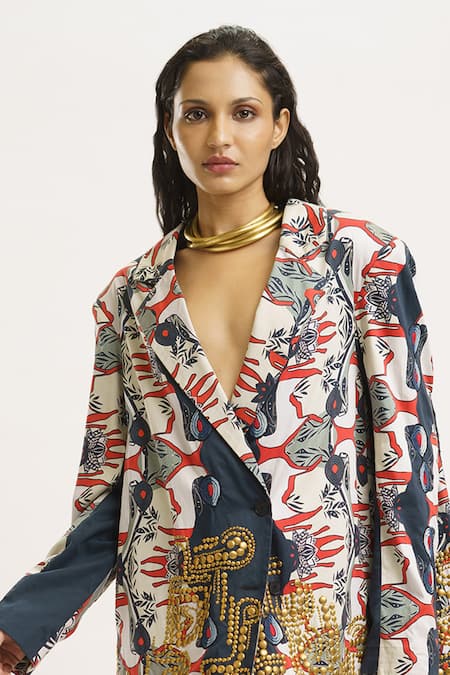 AK-OK_Multi Color Silk Metallic Thread, Studs Printed Blazer Knotted Skirt Set _at_Aza_Fashions