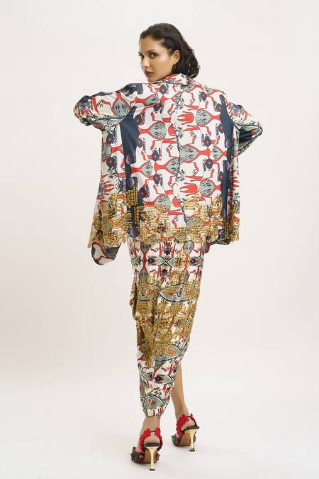 Buy_AK-OK_Multi Color Silk Metallic Thread, Studs Printed Blazer Knotted Skirt Set 