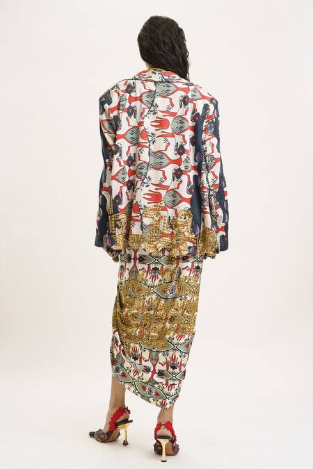 Shop_AK-OK_Multi Color Silk Metallic Thread, Studs Printed Blazer Knotted Skirt Set 