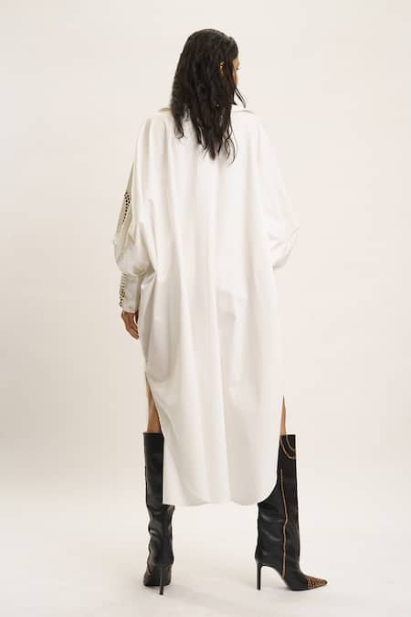 Shop_AK-OK_White Silk Studs Collared Sleeve Embellished Shirt Dress _at_Aza_Fashions
