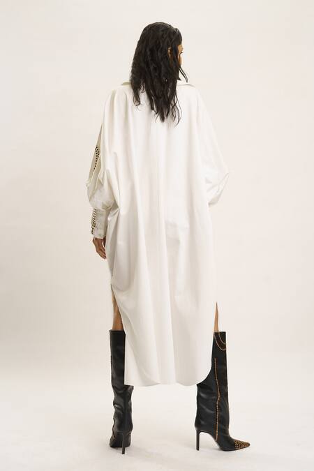AK-OK_White Silk Studs Collared Sleeve Embellished Shirt Dress _Online_at_Aza_Fashions