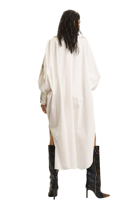 Buy_AK-OK_White Silk Studs Collared Sleeve Embellished Shirt Dress _Online_at_Aza_Fashions