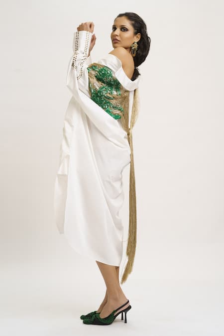 AK-OK_White Silk Studs Collared Sleeve Embellished Shirt Dress _at_Aza_Fashions