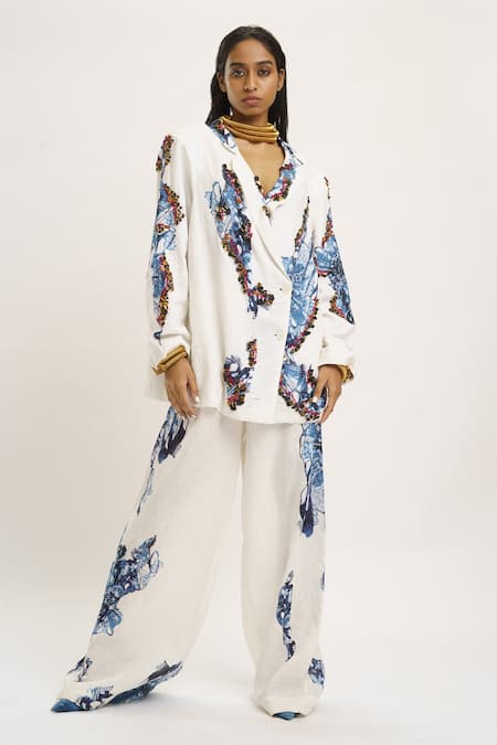 AK-OK Silk Printed Blazer Pant Set 