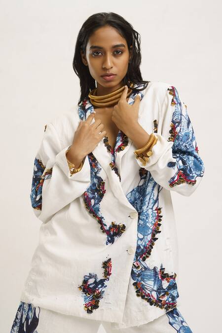 AK-OK_White Silk Sequins Shawl Neck Printed Blazer Pant Set _Online_at_Aza_Fashions