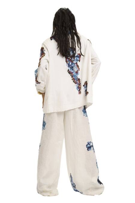 Shop_AK-OK_White Silk Sequins Shawl Neck Printed Blazer Pant Set _Online_at_Aza_Fashions