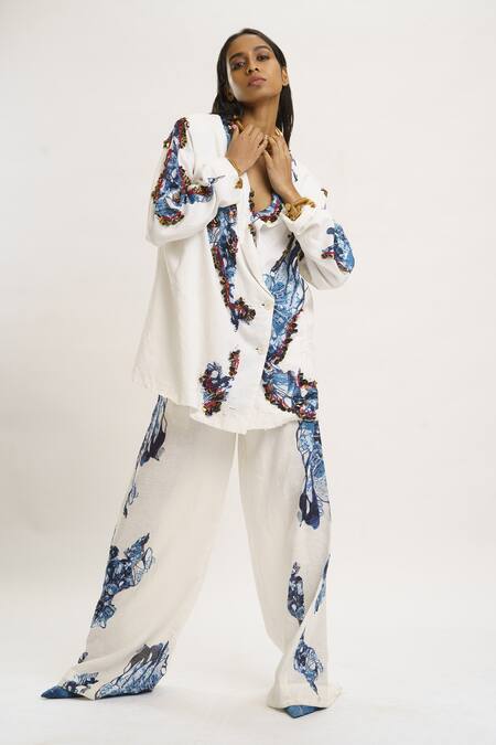AK-OK_White Silk Sequins Shawl Neck Printed Blazer Pant Set _at_Aza_Fashions