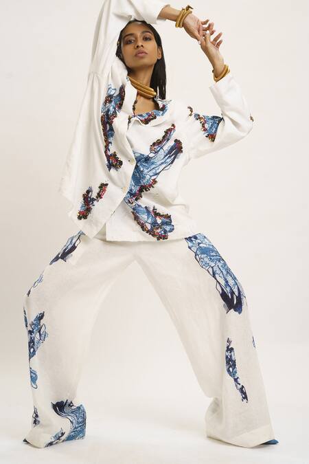 Buy_AK-OK_White Silk Sequins Shawl Neck Printed Blazer Pant Set 