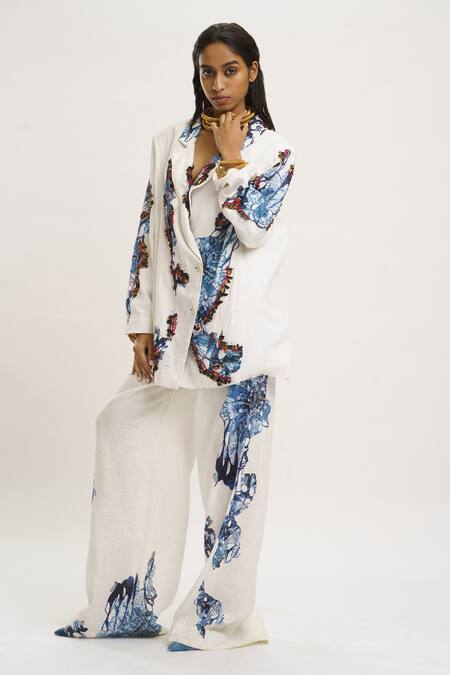 Shop_AK-OK_White Silk Sequins Shawl Neck Printed Blazer Pant Set 