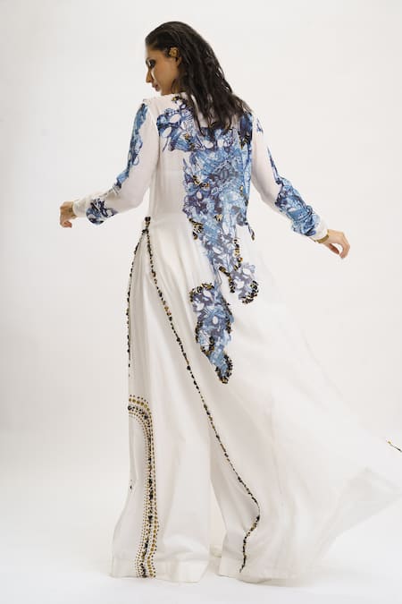 Shop_AK-OK_White Silk Sequins Open Neck Printed Dress Flared Trouser Set _at_Aza_Fashions