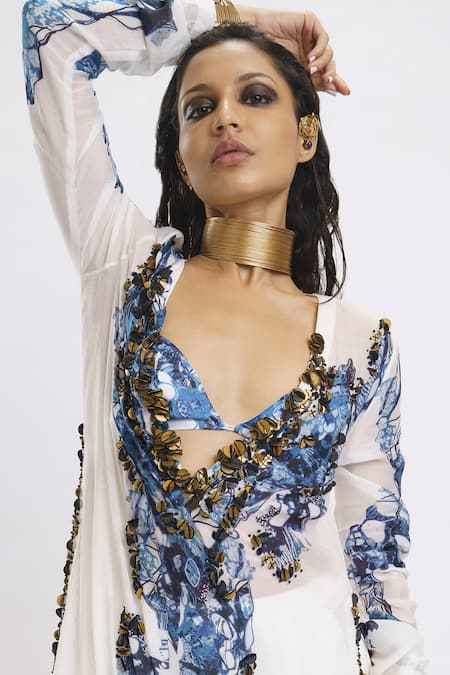 AK-OK_White Silk Sequins Open Neck Printed Dress Flared Trouser Set _Online_at_Aza_Fashions