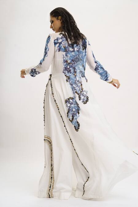 Buy_AK-OK_White Silk Sequins Open Neck Printed Dress Flared Trouser Set _Online_at_Aza_Fashions