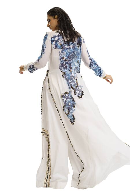Shop_AK-OK_White Silk Sequins Open Neck Printed Dress Flared Trouser Set _Online_at_Aza_Fashions