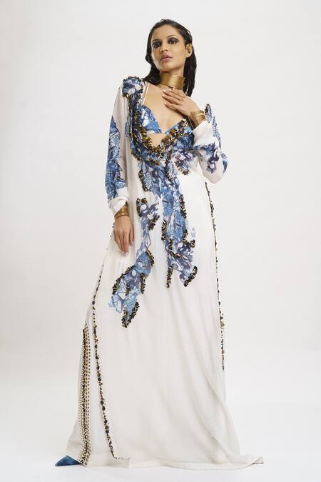 AK-OK_White Silk Sequins Open Neck Printed Dress Flared Trouser Set _at_Aza_Fashions