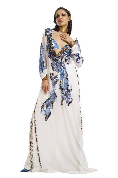 Buy_AK-OK_White Silk Sequins Open Neck Printed Dress Flared Trouser Set 
