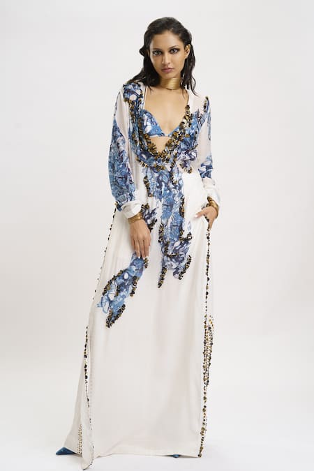 Shop_AK-OK_White Silk Sequins Open Neck Printed Dress Flared Trouser Set 