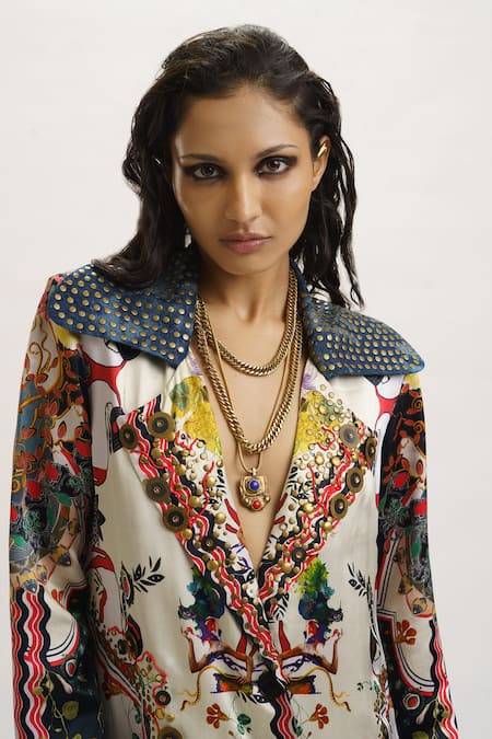 AK-OK_Multi Color Silk Sequins Collared Abstract Print Jacket Dress _Online_at_Aza_Fashions