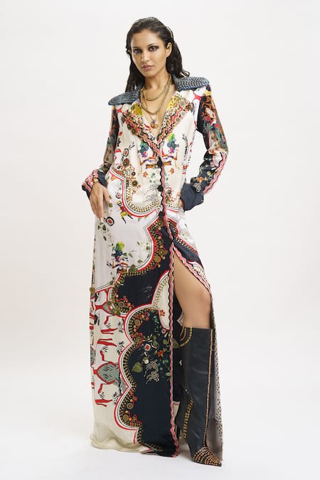 Buy_AK-OK_Multi Color Silk Sequins Collared Abstract Print Jacket Dress 