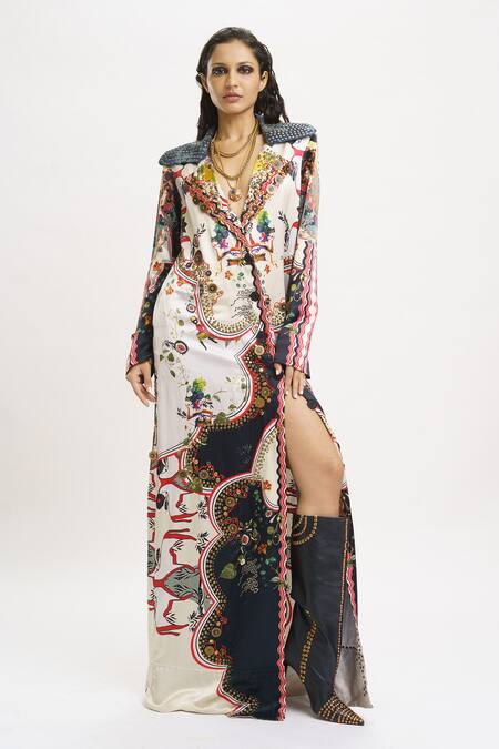 Shop_AK-OK_Multi Color Silk Sequins Collared Abstract Print Jacket Dress 