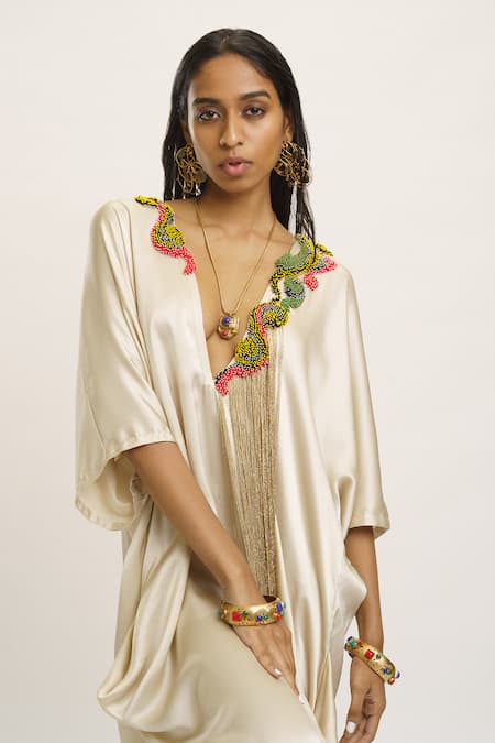 AK-OK_Grey Silk Beads, Tassels Plunge Neck Embellished Kaftan Dress _Online_at_Aza_Fashions