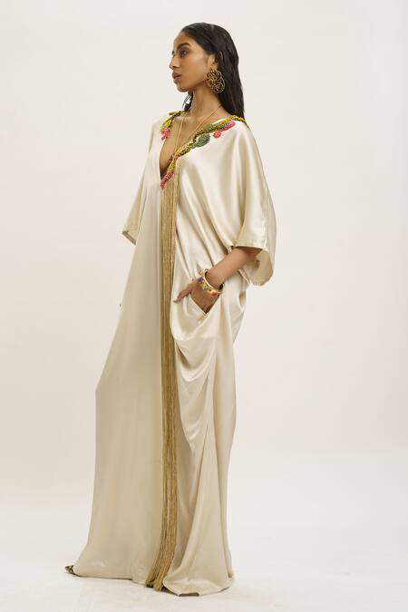 Buy_AK-OK_Grey Silk Beads, Tassels Plunge Neck Embellished Kaftan Dress _Online_at_Aza_Fashions