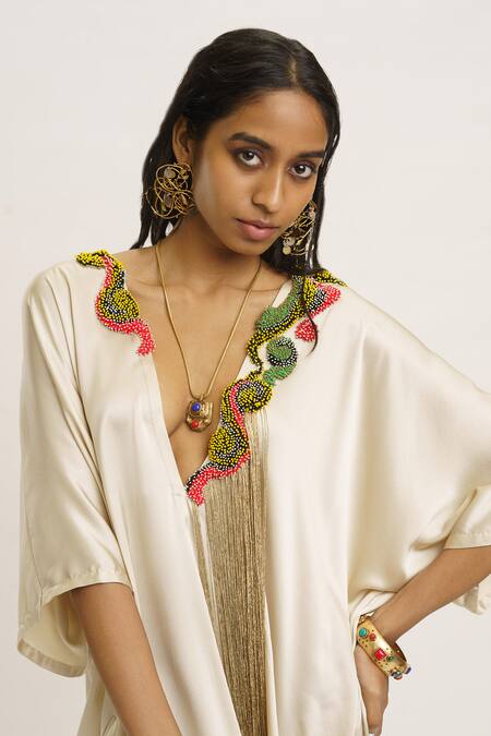 Shop_AK-OK_Grey Silk Beads, Tassels Plunge Neck Embellished Kaftan Dress _Online_at_Aza_Fashions
