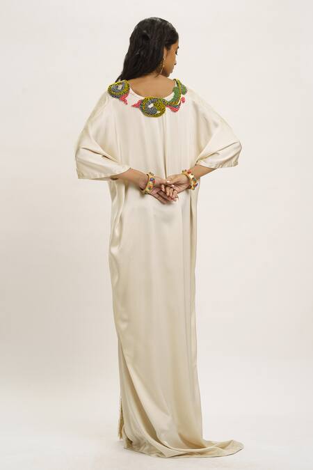 AK-OK_Grey Silk Beads, Tassels Plunge Neck Embellished Kaftan Dress _at_Aza_Fashions