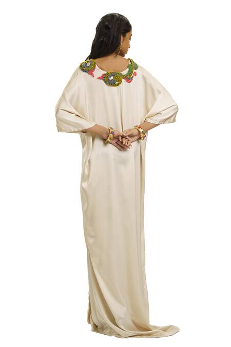 Buy_AK-OK_Grey Silk Beads, Tassels Plunge Neck Embellished Kaftan Dress 