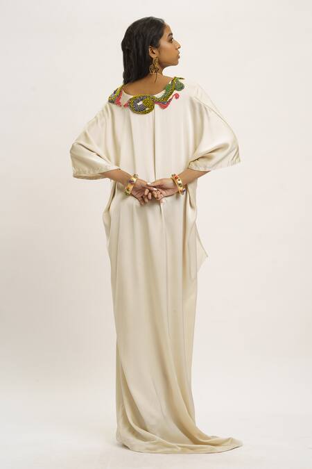 Shop_AK-OK_Grey Silk Beads, Tassels Plunge Neck Embellished Kaftan Dress 