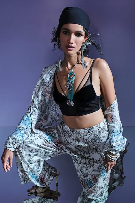 AK-OK_Cream Silk Shawl Neck Floral Print Jacket And Pant Set _Online_at_Aza_Fashions