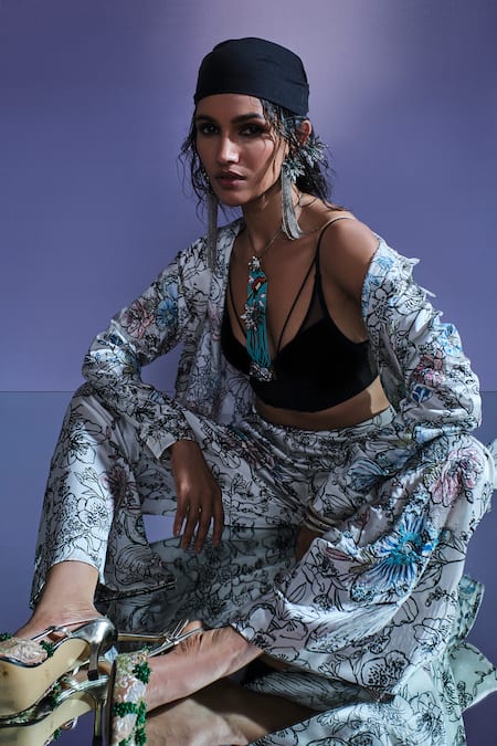 Buy_AK-OK_Cream Silk Shawl Neck Floral Print Jacket And Pant Set _Online_at_Aza_Fashions