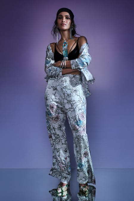Shop_AK-OK_Cream Silk Shawl Neck Floral Print Jacket And Pant Set _Online_at_Aza_Fashions