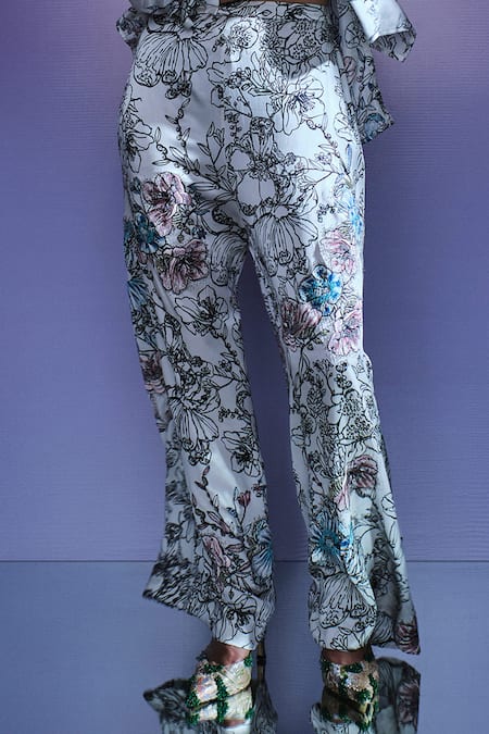AK-OK_Cream Silk Shawl Neck Floral Print Jacket And Pant Set _at_Aza_Fashions
