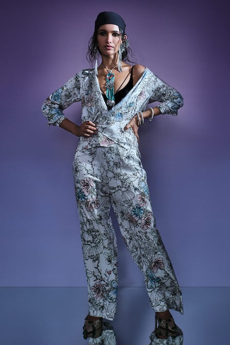 Buy_AK-OK_Cream Silk Shawl Neck Floral Print Jacket And Pant Set 