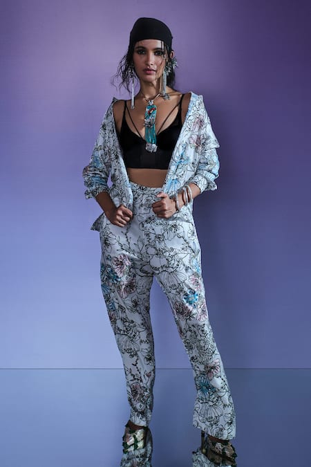 Shop_AK-OK_Cream Silk Shawl Neck Floral Print Jacket And Pant Set 