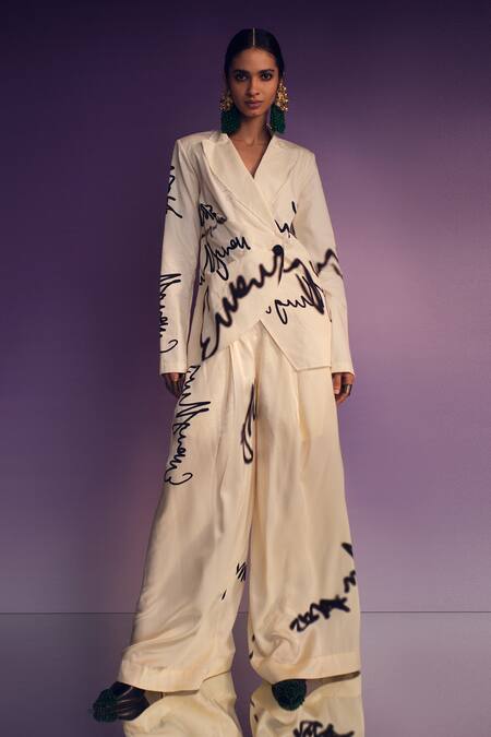AK-OK_White Silk Scribble Print Blazer And Pant Set _Online_at_Aza_Fashions
