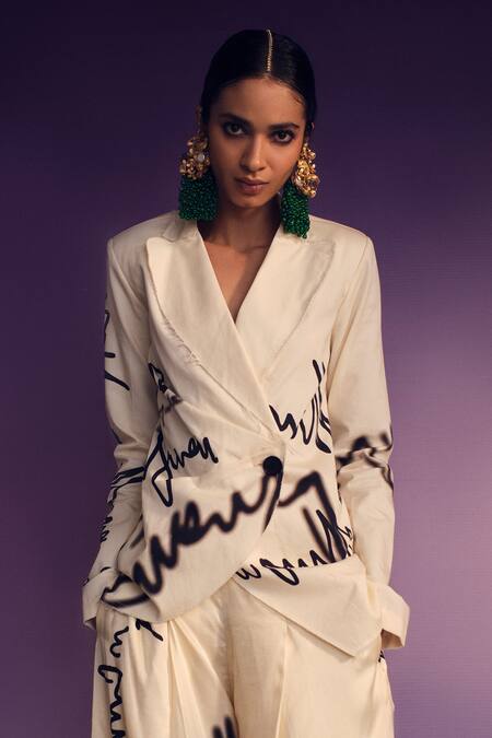 Buy_AK-OK_White Silk Scribble Print Blazer And Pant Set _Online_at_Aza_Fashions