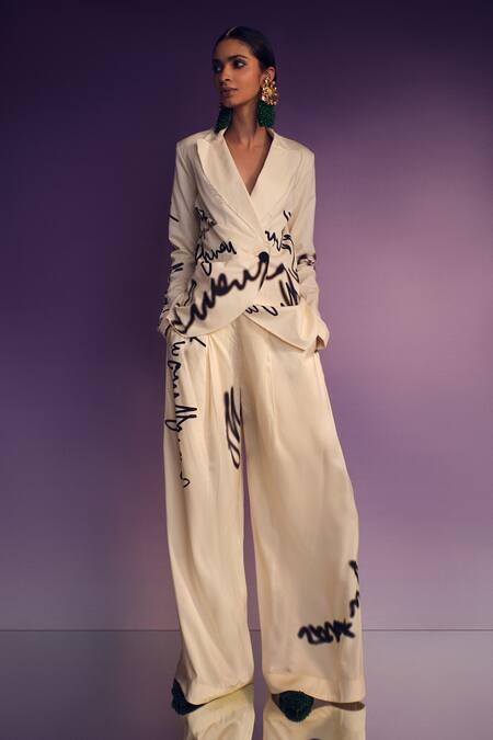 Shop_AK-OK_White Silk Scribble Print Blazer And Pant Set _Online_at_Aza_Fashions