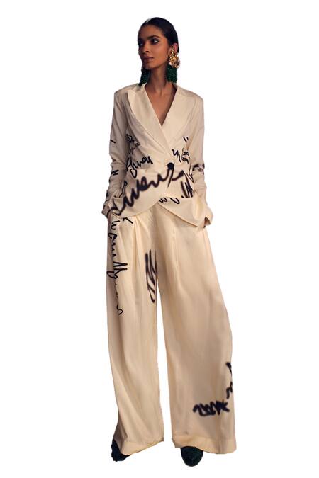 AK-OK_White Silk Scribble Print Blazer And Pant Set _at_Aza_Fashions