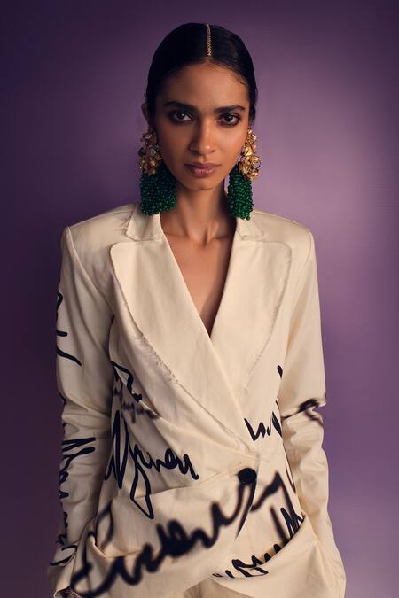Shop_AK-OK_White Silk Scribble Print Blazer And Pant Set 