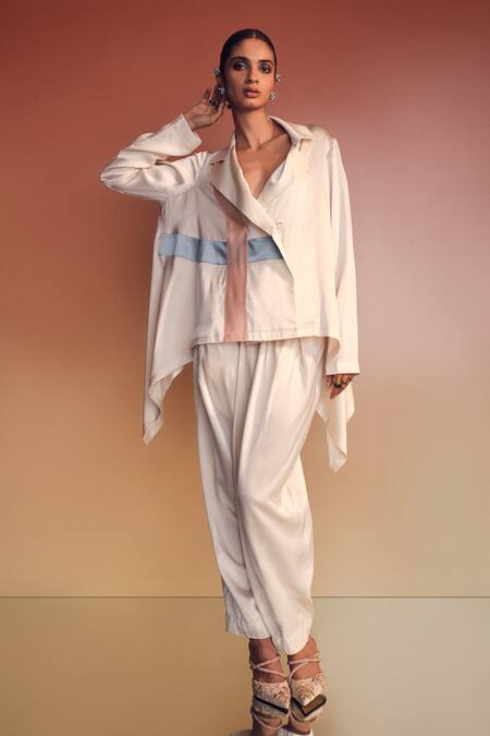 AK-OK_Cream Silk Patchwork Collared Jacket And Trouser Set _Online_at_Aza_Fashions
