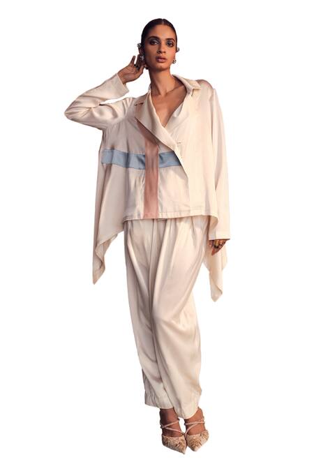Buy_AK-OK_Cream Silk Patchwork Collared Jacket And Trouser Set _Online_at_Aza_Fashions