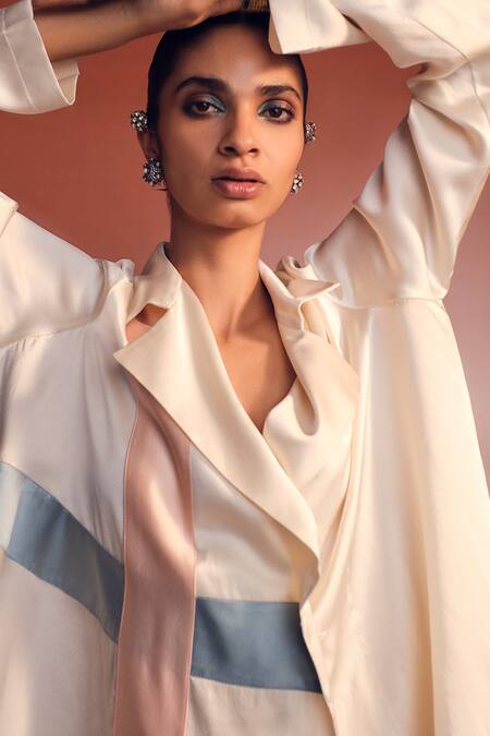 Buy_AK-OK_Cream Silk Patchwork Collared Jacket And Trouser Set 