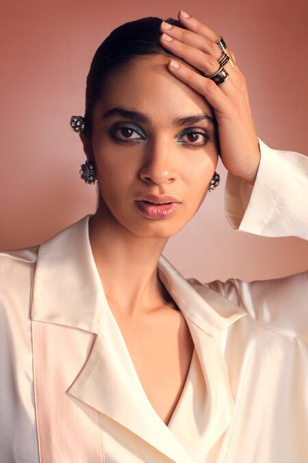 Shop_AK-OK_Cream Silk Patchwork Collared Jacket And Trouser Set 